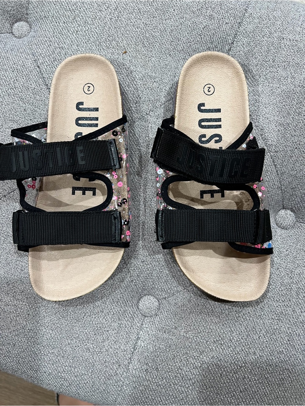 Justice Girls Black Sequin Logo Slide Sandals Non-Slip Synthetic Slip On Size 2